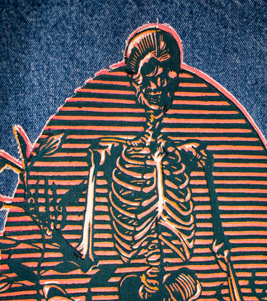 Custom Denim Jacket 1/1 Sewn on Woodcut Print - XL