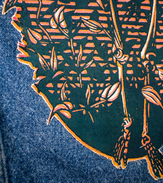 Custom Denim Jacket 1/1 Sewn on Woodcut Print - XL