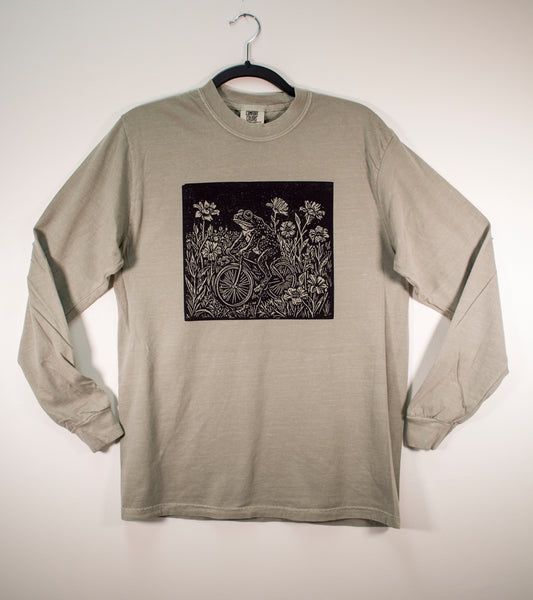 Biking Frog - Woodcut Printed Long Sleeve