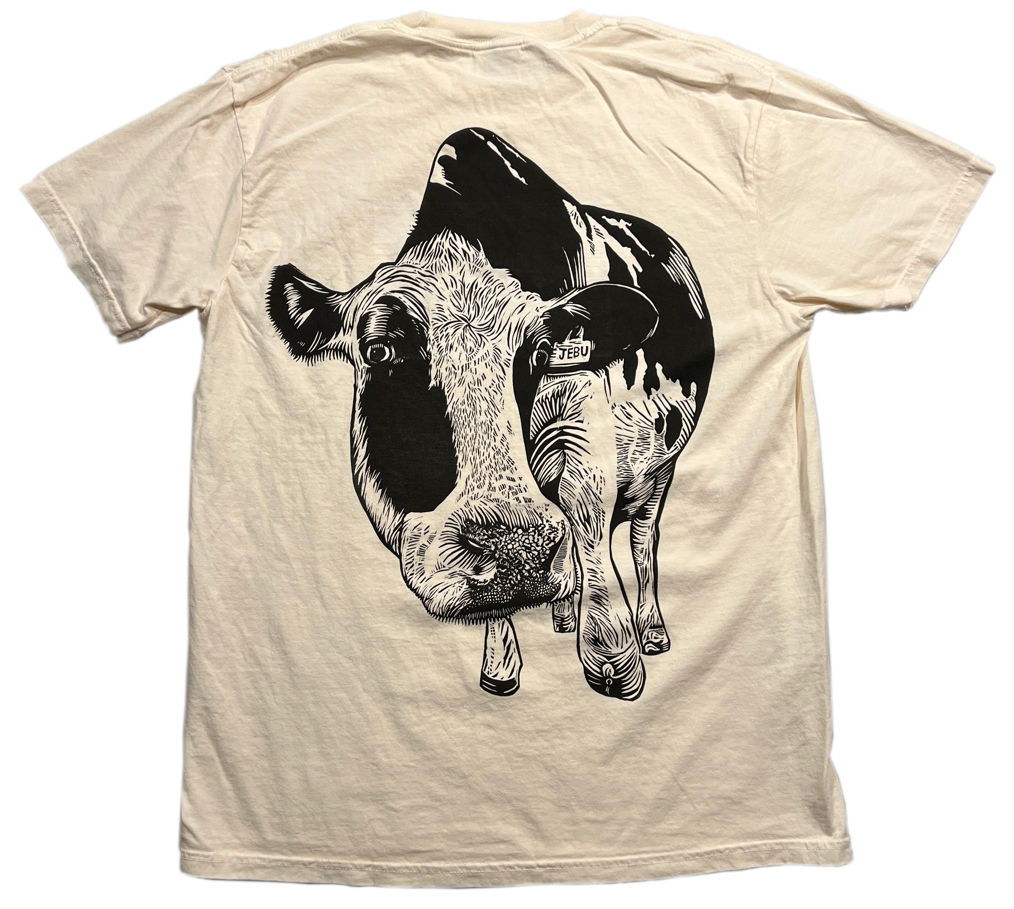 Woodcut Printed Cow shirt by Jebu, Looking down at you as if you are a bug