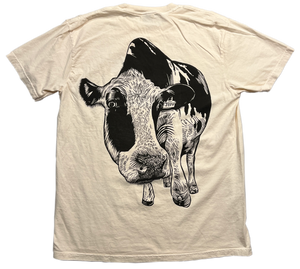 Woodcut Printed Cow shirt by Jebu, Looking down at you as if you are a bug