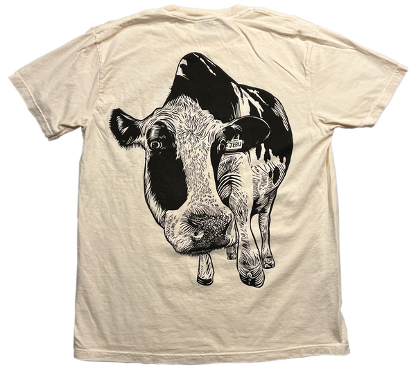 Woodcut Printed Cow shirt by Jebu, Looking down at you as if you are a bug