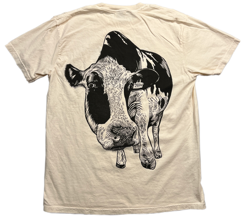 Woodcut Printed Cow shirt by Jebu, Looking down at you as if you are a bug